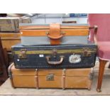 Two cabin trunks together with a leather/ canvas suitcase