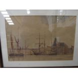 ROWLAND FISHER; Watercolour depicting boats at moor, building behind, framed and glazed ,