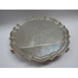 An M Kamin & Co Ltd silver waiter engraved presentation, raised on three feet, Birmingham 1986,