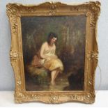 A 19th Century English school painting of female in river glade, gilt frame, repaired, 51.