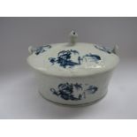 A Lowestoft porcelain blue and white painted oval butter tub with two lug handles and lid,