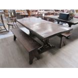 A Jack Grimble of Cromer, Norfolk carved oak refectory dining table with a pair of bench seats,