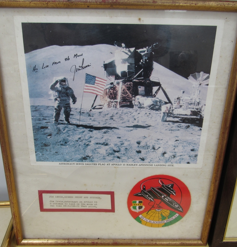 A framed and glazed signed print of Jim Irwin on the moon, Apollo 15,