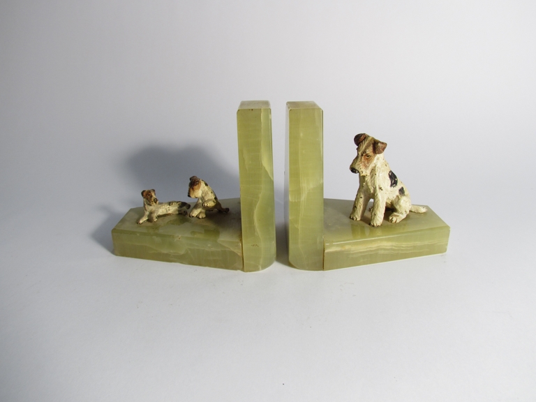 A pair of Onyx bookends with cold painted terrier figures, circa 1930's,