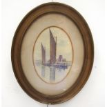 A watercolour of Wherry boats in oval mount and frame, unsigned,