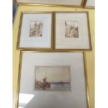 WITHDRAWN - Three 19th Century watercolours including seascapes with boats and a pair of townscapes,