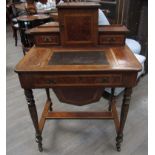 A Victorian ladies walnut desk with needle box drawer, 99cm tall,