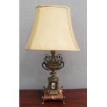 A highly ornate ormolu French, lamp with marble base, with shade,