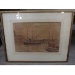 ROWLAND FISHER; Watercolour of boats, framed and glazed,