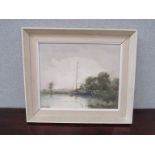 W S REED; oils on board depicting wherry moored alongside bank,