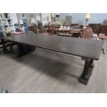 A large 17th Century revival oak banqueting/refectory dining table on turned legs and sledge feet,