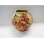 A Moorcroft Finches & Fruit ochre pattern bulbous body vase, designed by Sally Tuffin WM to base,