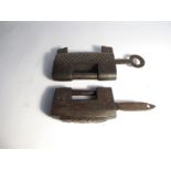 WITHDRAWN: Two large antique Chinese bronze locks with keys and white metal inlaid decoration