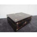 A Victorian lacquered exotic wood rectangular sewing box, inlaid in mother-of-pearl,