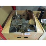 A box of mixed items including metal tankards and trinket pots etc.