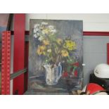 An oil on canvas still life of flowers in jug,