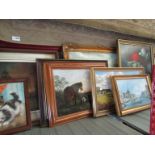 Eight oils/prints depicting landscapes, still life and animal studies,