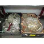 Two boxes of assorted glassware including vases, jugs,