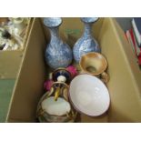 A box containing assorted china including a pair of blue and white vases,