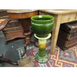 A Doulton Lambeth planter (a/f) and a green glazed jardinere on stand (2)