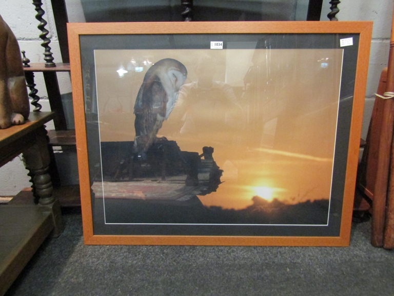 A framed print of barn owl at sunset