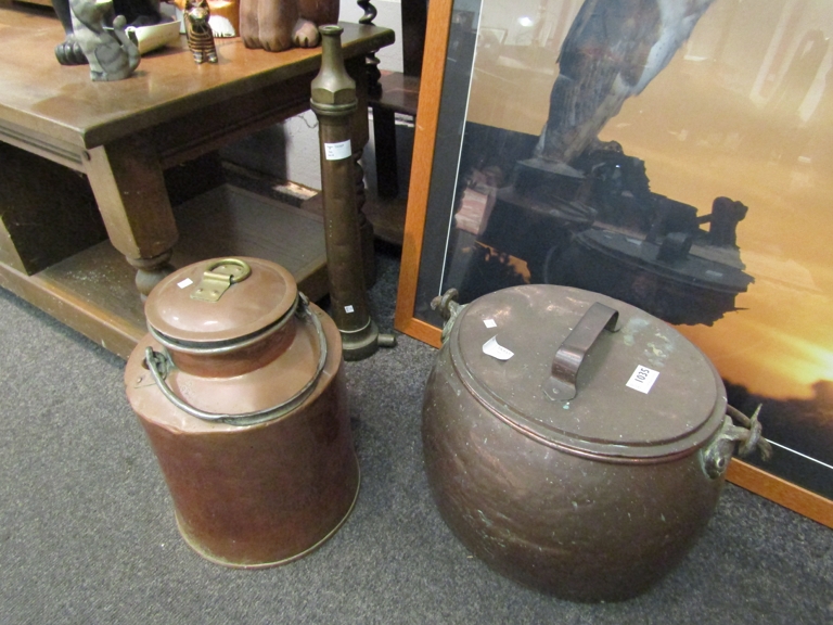 Three copper items including a lidded cooking vessel,