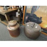 Three copper items including a lidded cooking vessel,