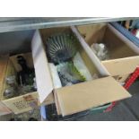 Three boxes of mostly drinking glasses, oil lamp chimneys and studio Art glass etc.