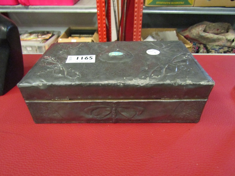 A pewter Arts & Crafts box with a Ruskin style Cabochon Dragon fly motif 23cm x 13cm x 7cm