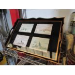 A gilt and lacquered twin handled tray with four panels of bird prints after Richard Harrison,