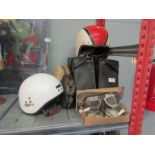 Vintage motorcycle driving gloves, helmets,