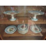 A Victorian hand painted cake set (Harlequin design) with blue border and central floral design