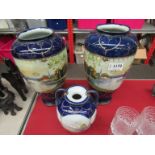 A pair of 20th Century Kinjo china vases and a Noritake twin handled bulbous vase,