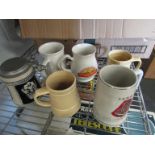 Six tankards including Honiton Pottery and Sadler