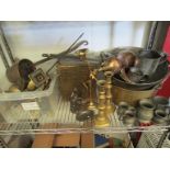 A quantity of metal wares, copper and brass, saucepan etc,