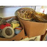Two boxes containing a quantity of enamel ware, kitchenalia and chargers etc.