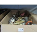 A box of mixed ceramics and metalware etc including pewter tankard