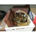 A box of vintage items, suitcase,