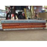 Eight books about samplers including "Traditional Samplers" by Sarah Don and "Making Samplers" from