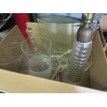A box of mixed glass including lampbase, vases, decanter,