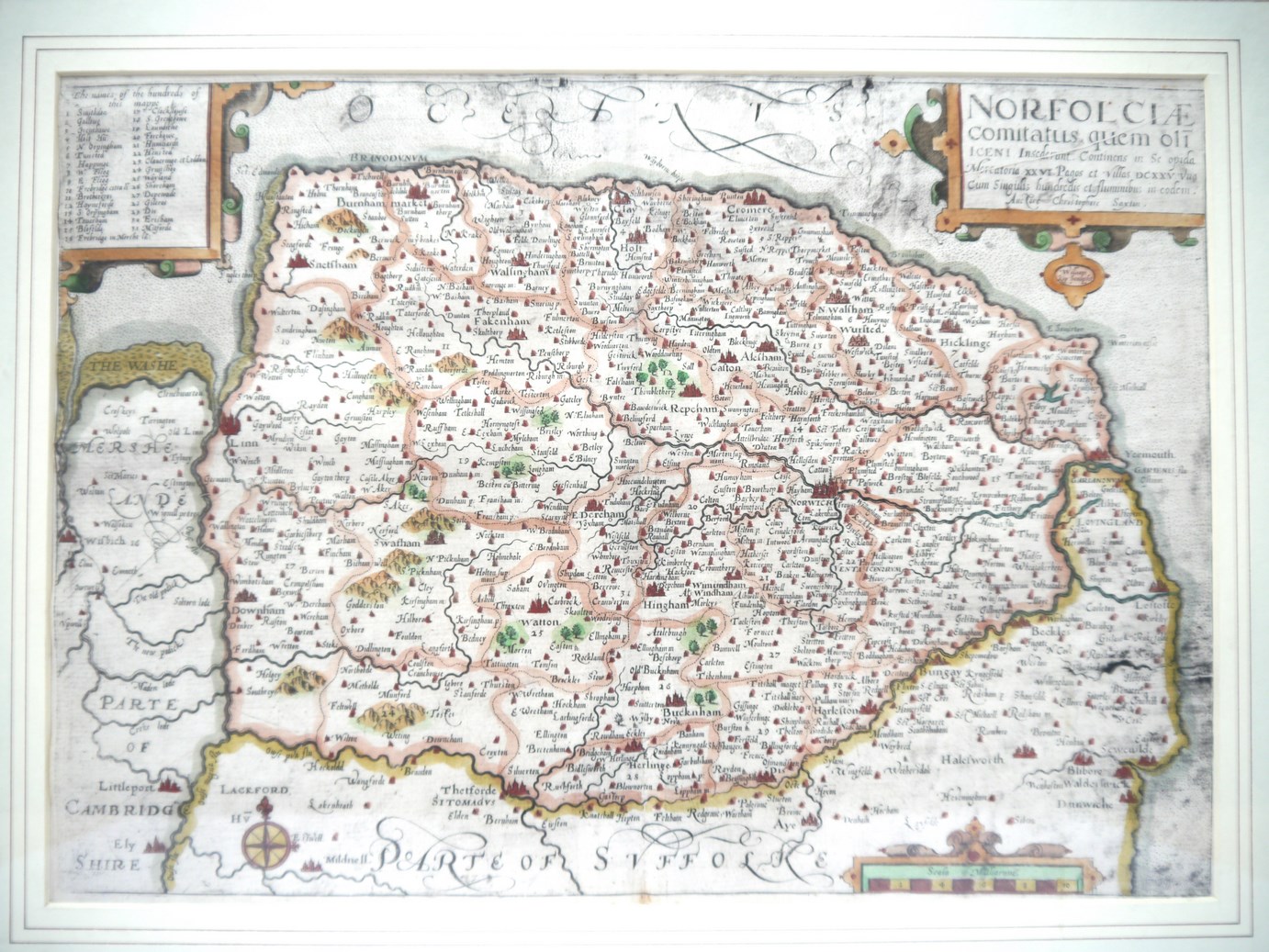Saxton-Kip: 'Norfolciae Comitatus [Norfolk]', engraved hand coloured map, circa 1610,