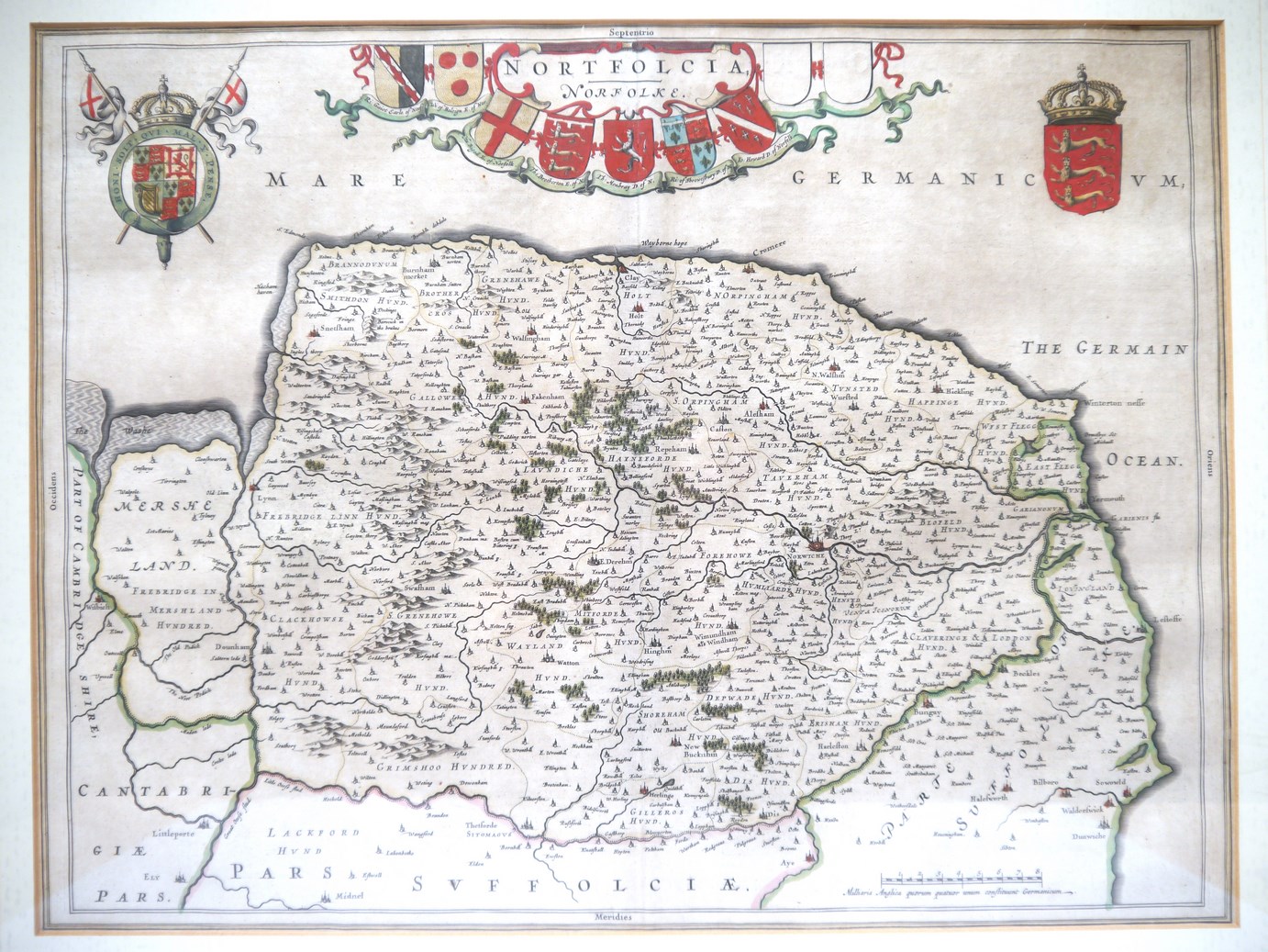 Johannes Blaeu: 'Norfolk', engraved hand coloured map, circa 1645,