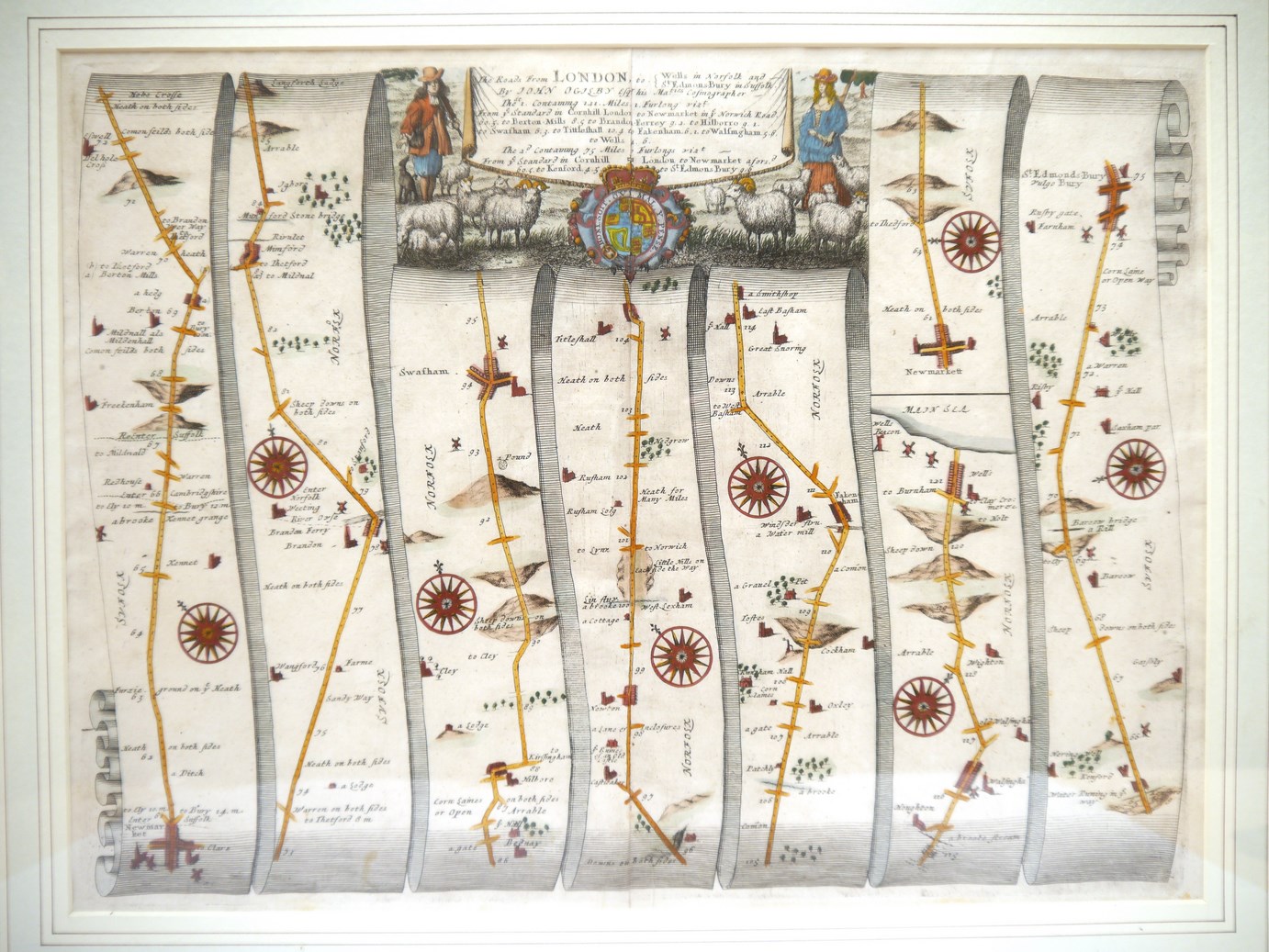 John Ogilby: 'The Roads from London to Wells…', road strip map circa 1675,