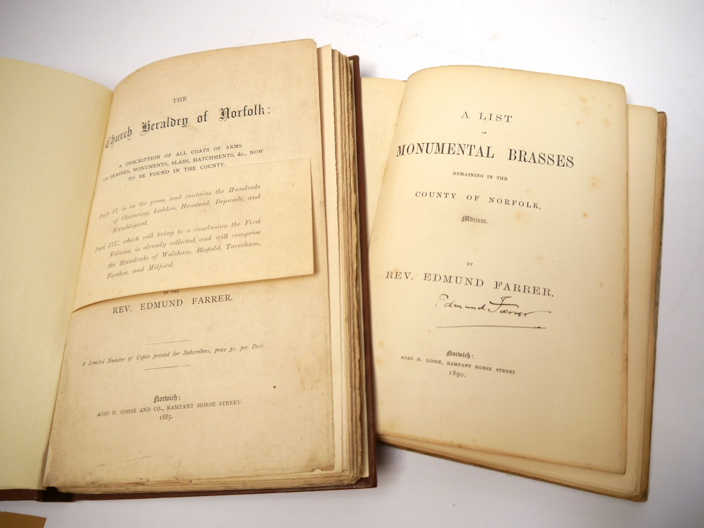 Edmund Farrer, 2 titles: 'A List of Monumental Brasses Remaining in the County of Norfolk, Mdcccxc. - Image 2 of 2