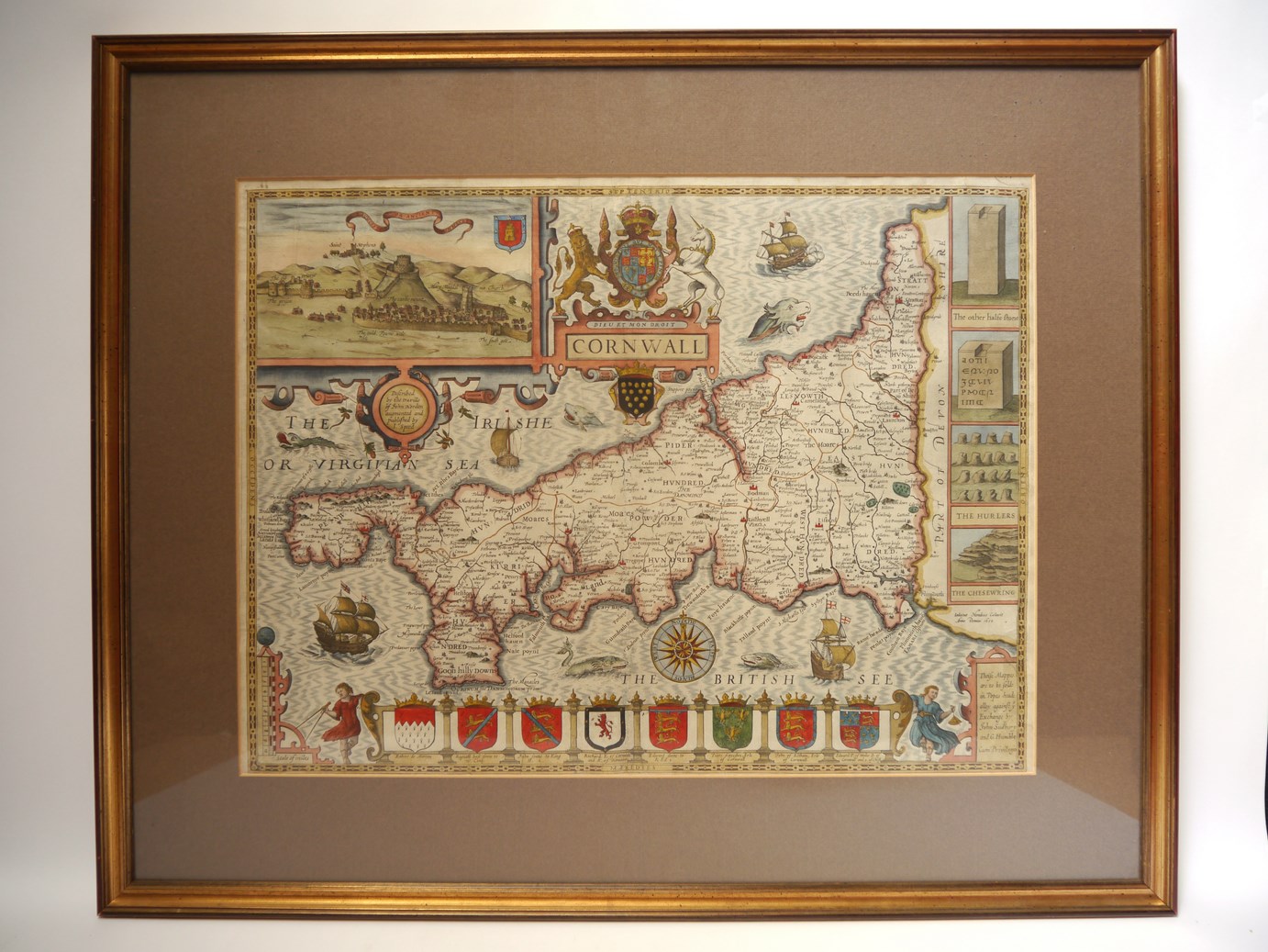 John Speed: 'Cornwall', an early to mid 17th Century hand coloured engraved map, - Image 2 of 8