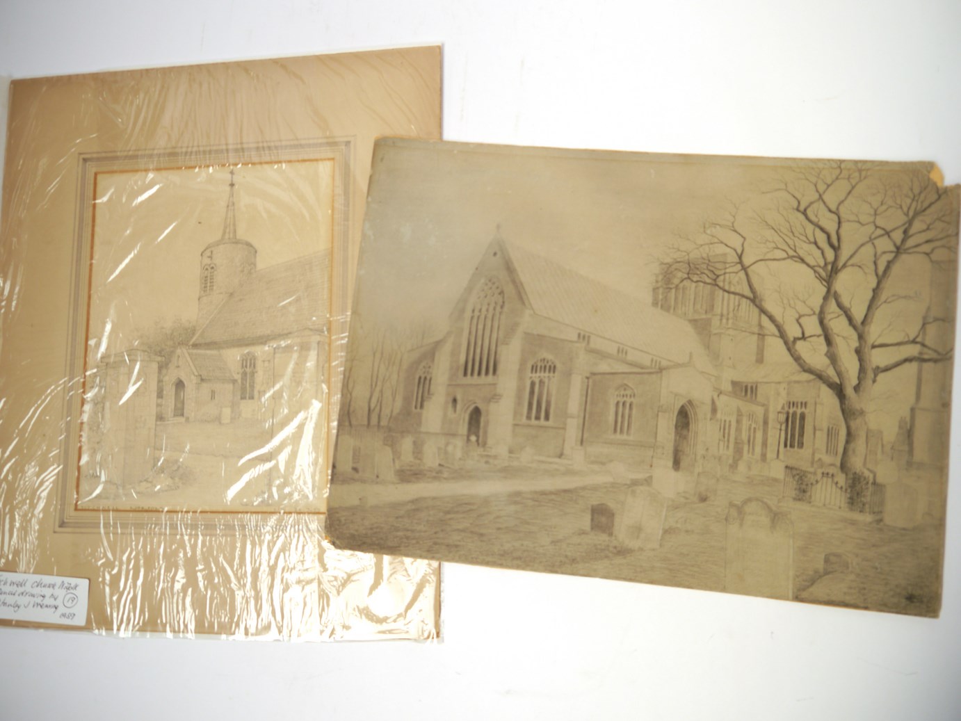 Two pencil drawings of Norfolk Churches, Titchwell Church, by Stanley J.