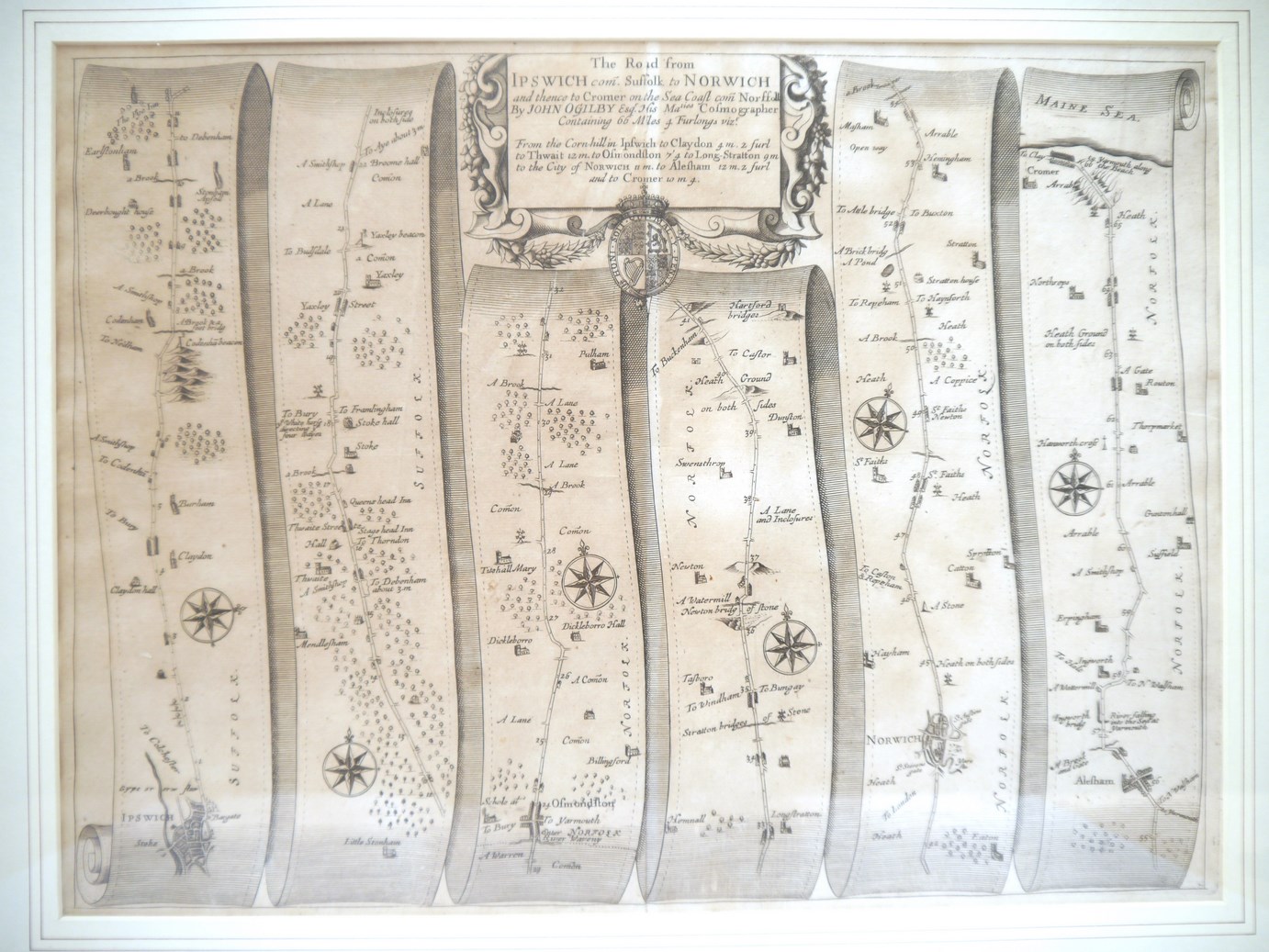 John Ogilby: 'The Road from Ipswich…to Norwich', road strip map circa 1675,