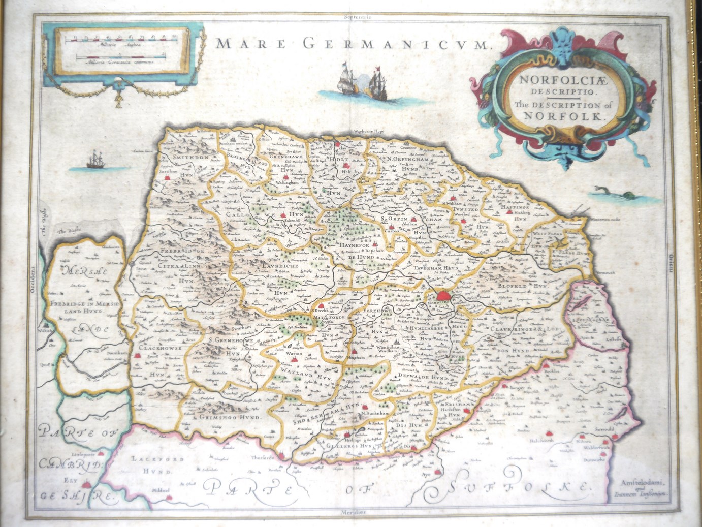 Jan Jansson: 'The Description of Norfolk', engraved hand coloured map, circa 1636,