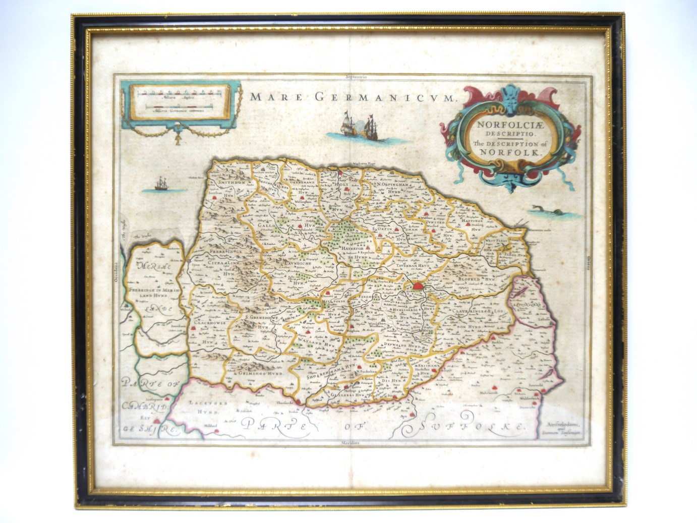 Jan Jansson: 'The Description of Norfolk', engraved hand coloured map, circa 1636, - Image 2 of 2