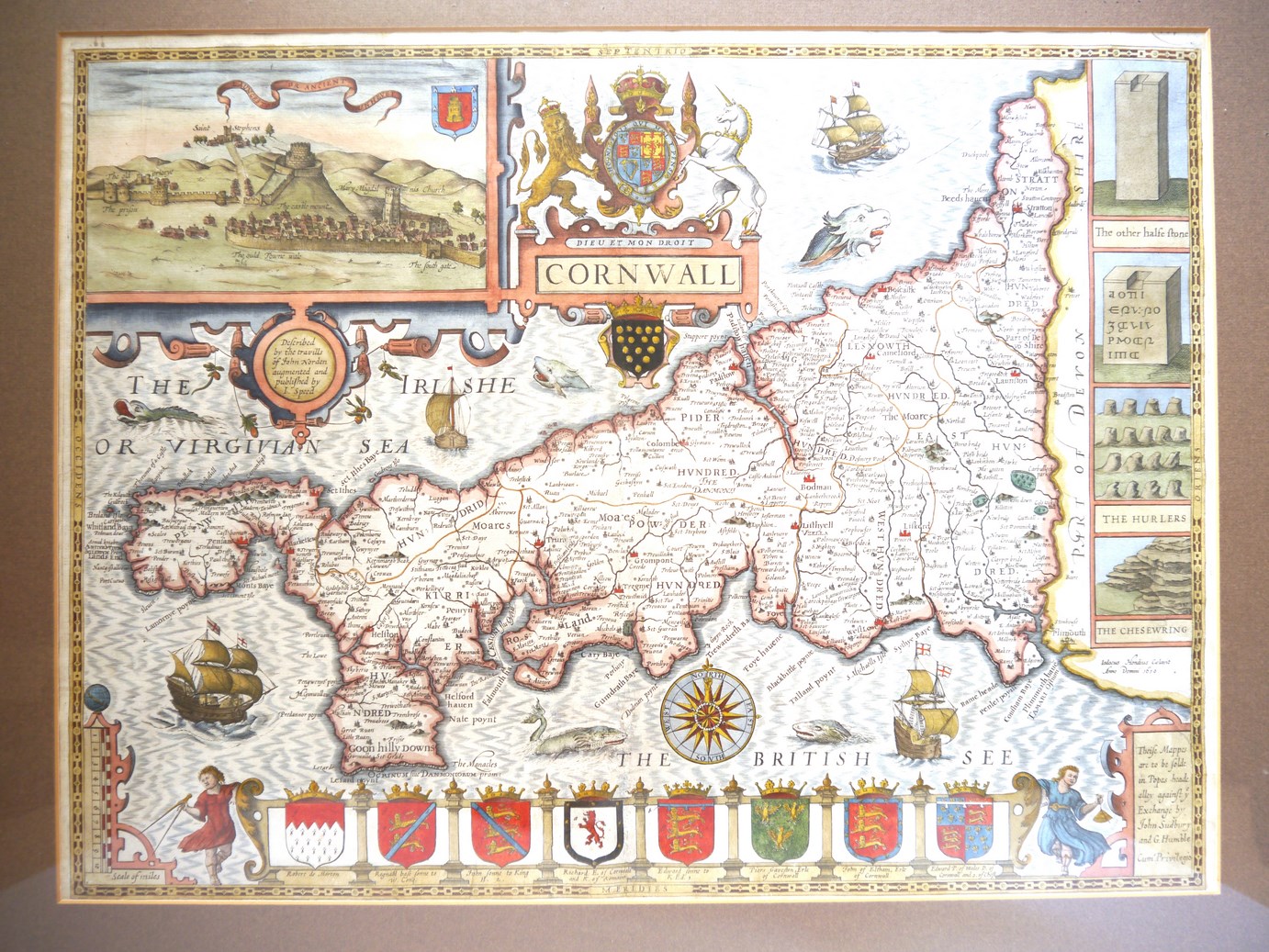 John Speed: 'Cornwall', an early to mid 17th Century hand coloured engraved map,